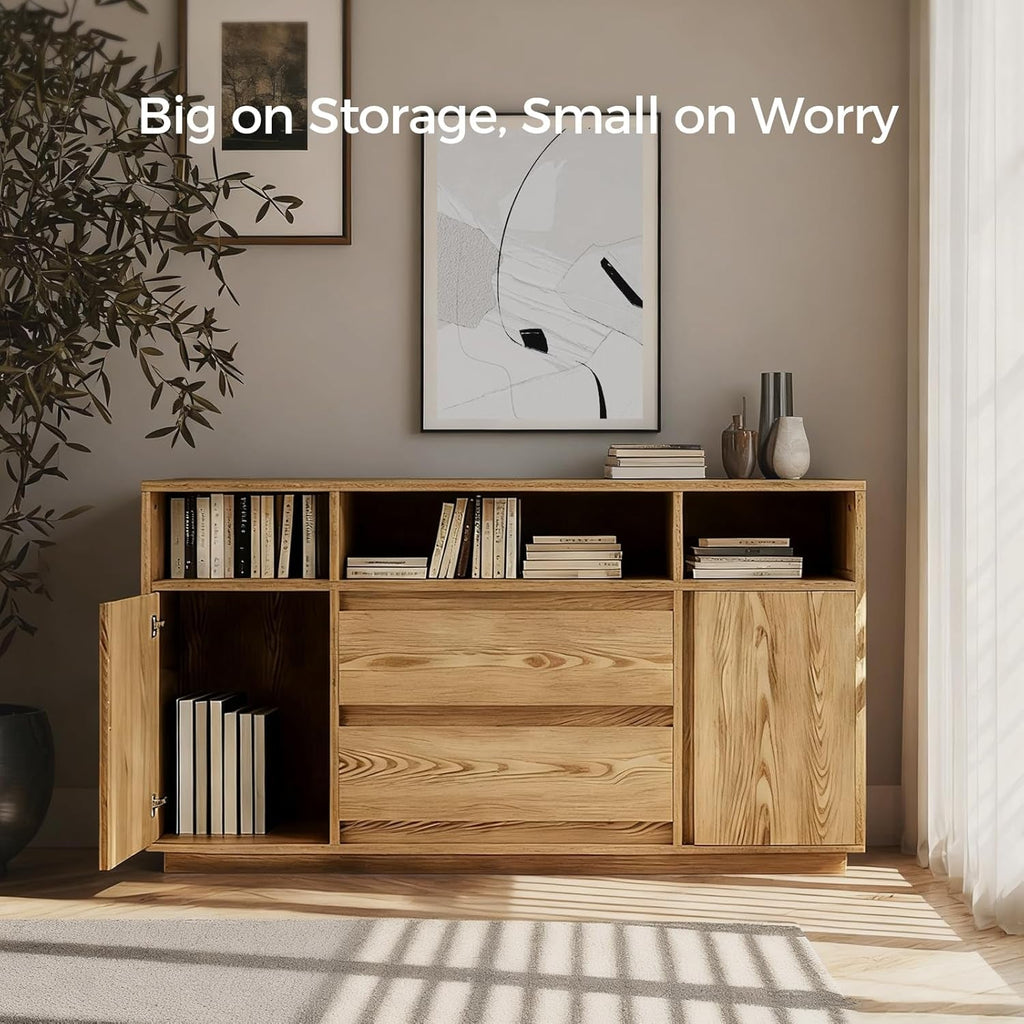 63 Inch Natural Solid Wood Sideboard With Drawers Storage