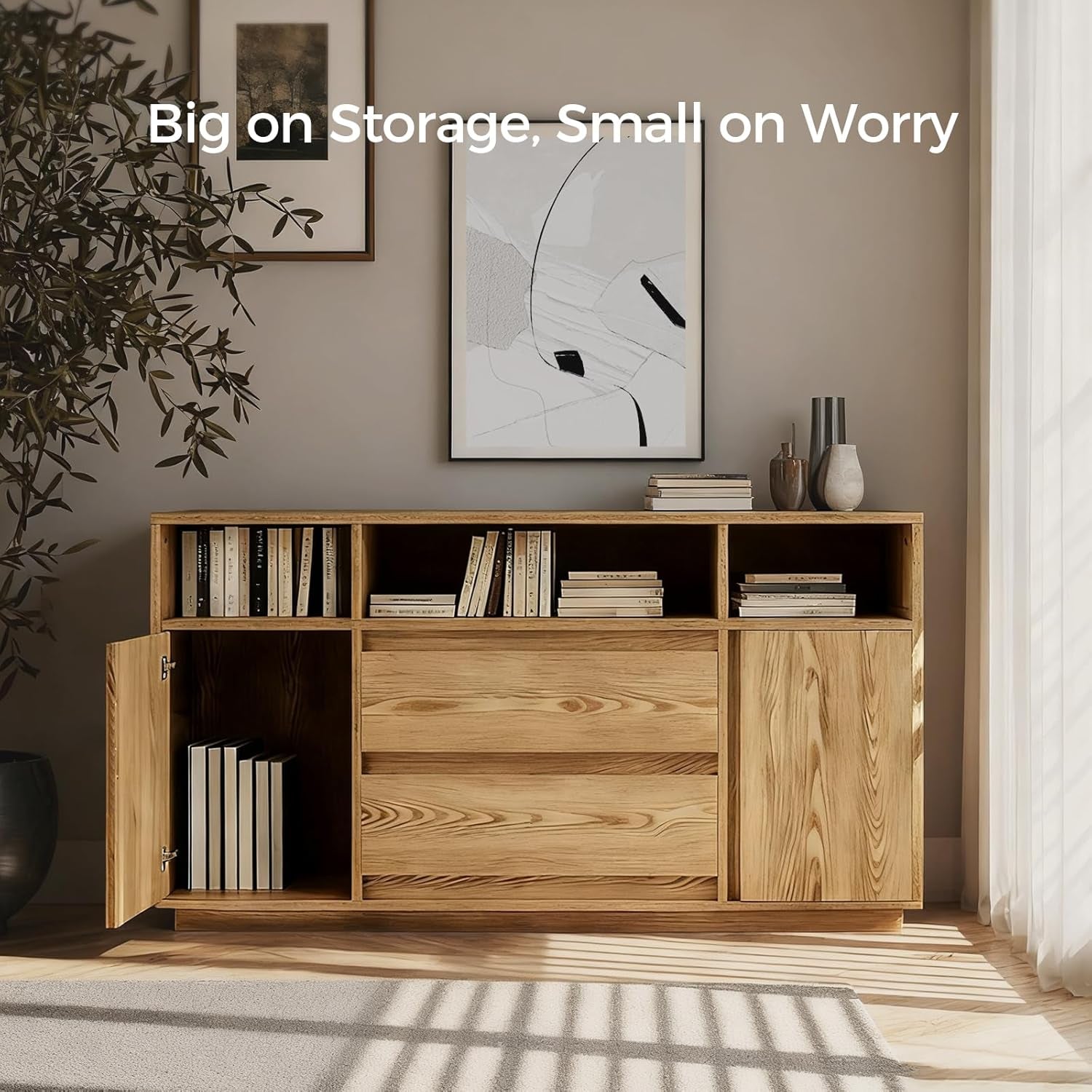 63 Inch Natural Solid Wood Sideboard With Drawers Storage