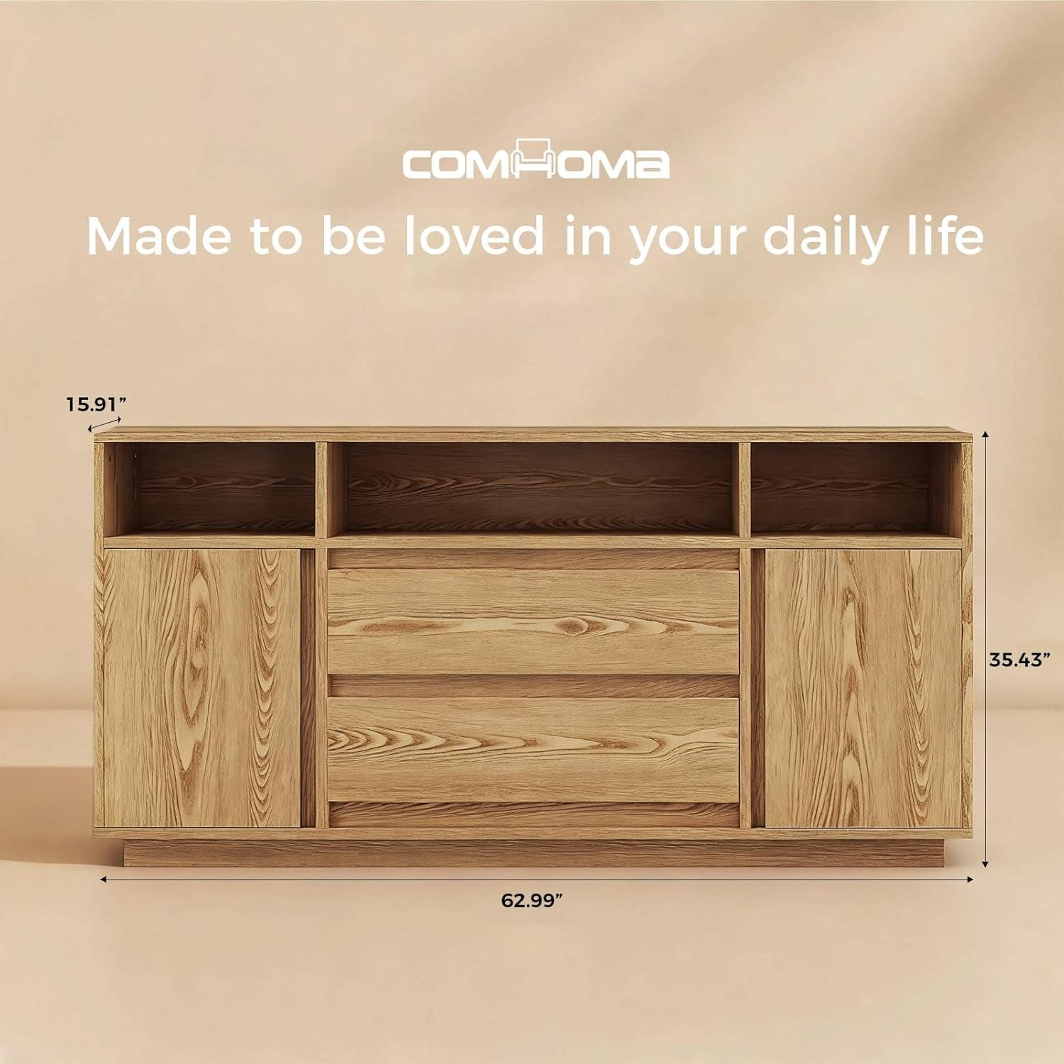 63 Inch Natural Solid Wood Sideboard With Drawers Storage