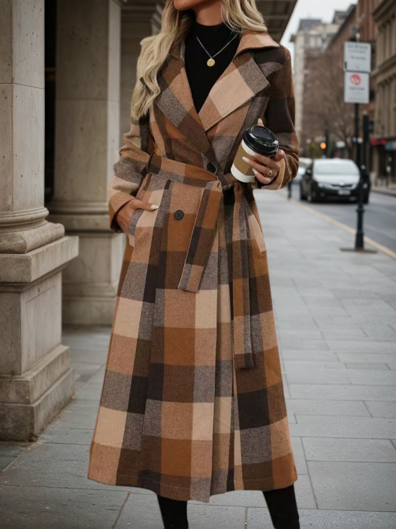 Women’s Lapel Woolen Double-Breasted Coat – Lace-Up Long Windbreaker