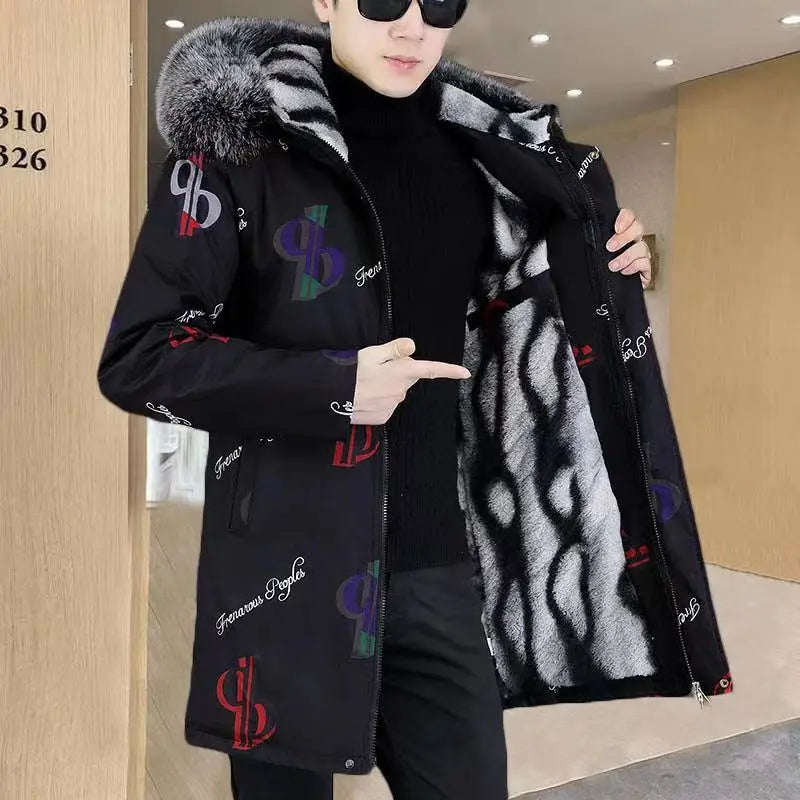 Cotton-Padded Coat Winter Jacket Men's Parkas ashionable Mid-Length Thickened Jacket Brand Letter Print Fur collar