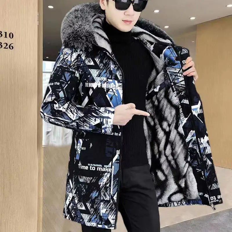 Cotton-Padded Coat Winter Jacket Men's Parkas ashionable Mid-Length Thickened Jacket Brand Letter Print Fur collar