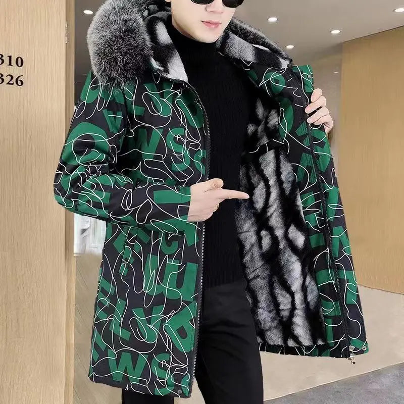 Cotton-Padded Coat Winter Jacket Men's Parkas ashionable Mid-Length Thickened Jacket Brand Letter Print Fur collar