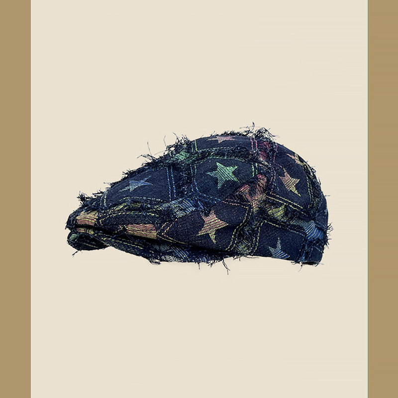 Colorful Plaid Star Distressed Beret — Korean Style Five-Pointed Hat