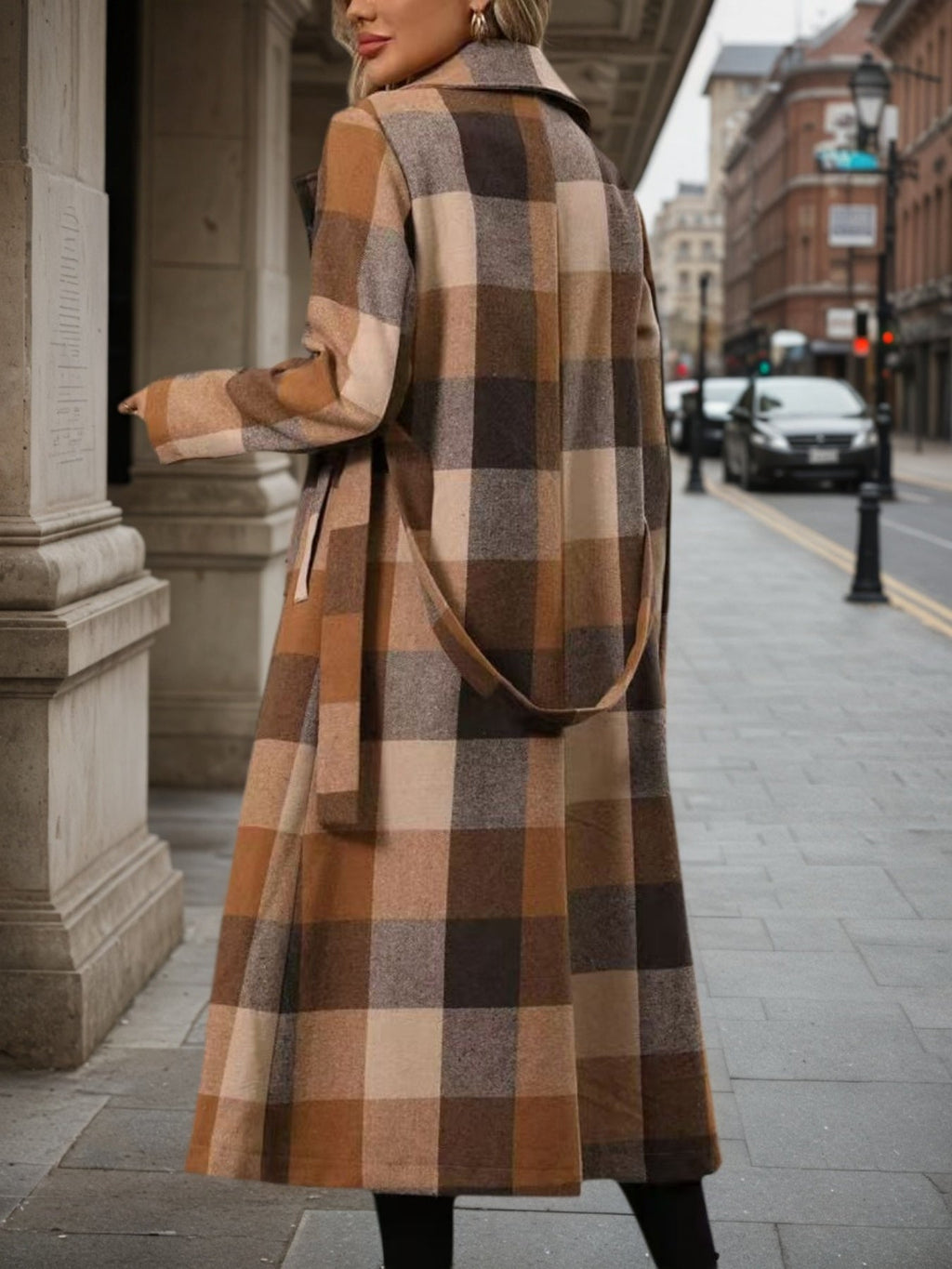 Women’s Lapel Woolen Double-Breasted Coat – Lace-Up Long Windbreaker